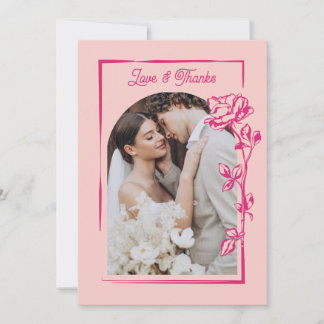 Hot Pink Rose Illustration Photo Wedding Dankeskarte