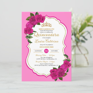 Hot Pink Rose Schwarz und Gold Elegantes Quinceane Einladung