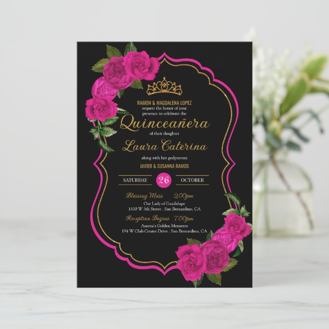 Hot Pink Rose Schwarz und Gold Elegantes Quinceane Einladung (Stehend Vorderseite)