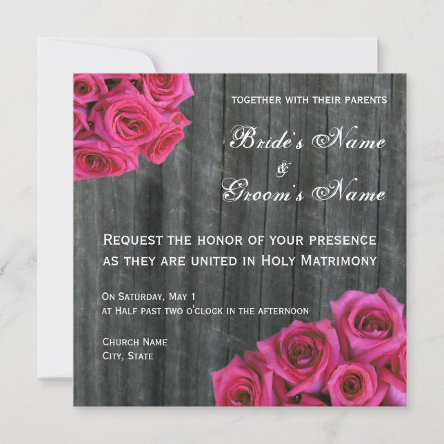 Hot Pink Rose und Barnwood Hochzeit Einladung (Vorderseite)