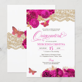 Hot Pink Rose und Lace Butterfly Quinceañera Invi Einladung