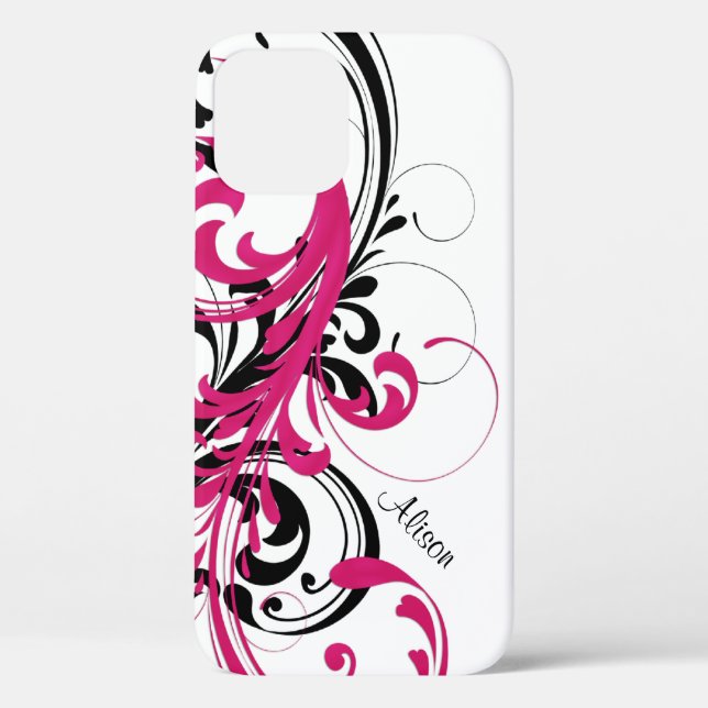 Hot Pink Schwarz-weiß Funky Wavy Scroll Floral Case-Mate iPhone Hülle (Rückseite)