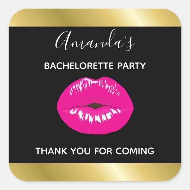 Hot Pink Shiny Lipno on Black Bacheloretto Quadratischer Aufkleber (Vorderseite)