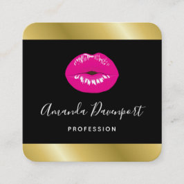 Hot Pink Shiny Lippen auf der schwarzen Visitenkar Quadratische Visitenkarte