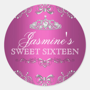 Hot Pink Silber Damast & Tiara Sweet 16 Aufkleber