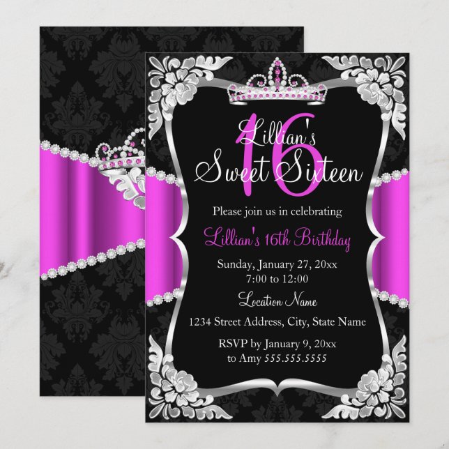 Hot Pink Silver Black Tiara Sweet 16 Einladung (Vorne/Hinten)