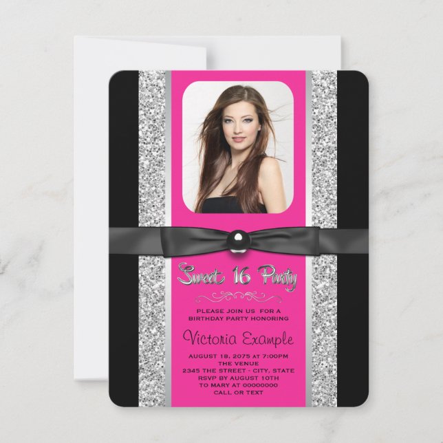 Hot Pink Silver Glitzer Sweet 16 Party Einladung (Vorderseite)