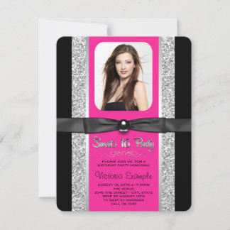 Hot Pink Silver Glitzer Sweet 16 Party Einladung