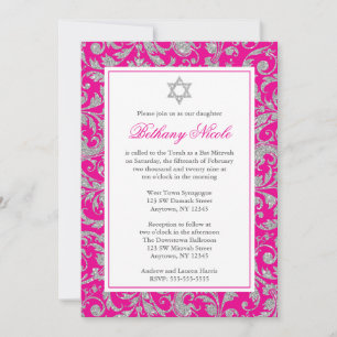 Hot Pink Silver Glitzer Swirl Damask Bat Mitzvah Einladung