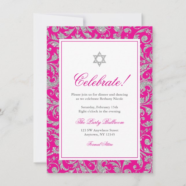 Hot Pink Silver Glitzer Swirl Damask Empfang Einladung (Vorderseite)
