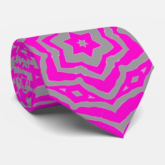 Hot Pink Silver Grau Floral Star Krawatte (Gerollt)