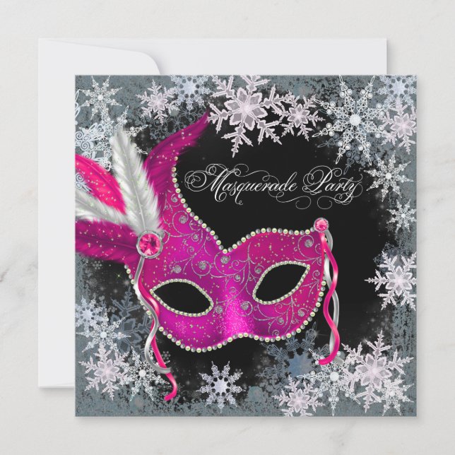 Hot Pink Snowflake Masquerade Party Einladungen (Vorderseite)