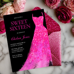 Hot Pink Sparkle Dress Girls Sweet 16 Party Einladung