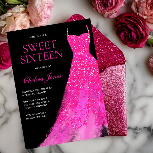 Hot Pink Sparkle Dress Girls Sweet 16 Party Einladung (Von Creator hochgeladen)