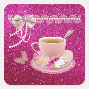 Hot Pink Sparkle Tee Party Custom Square Stickers