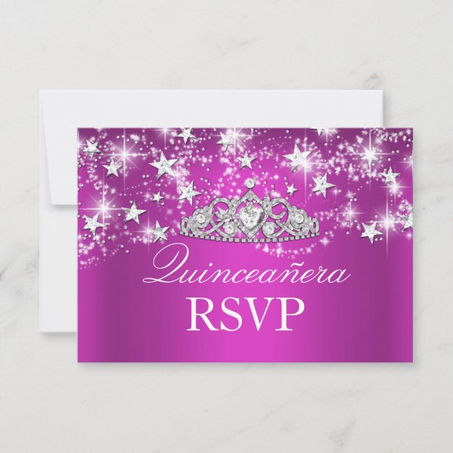 Hot Pink Sparkle Tiara & Stars Quinceanera UAWG RSVP Karte (Vorderseite)
