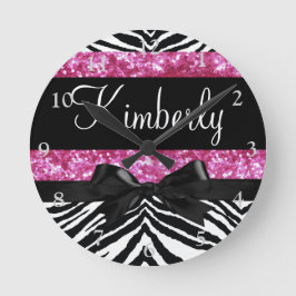 Hot Pink Sparkle Zebra Girly Girl Runde Wanduhr
