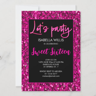 Hot pink sparkles Sweet 16 neon lets party  Einladung