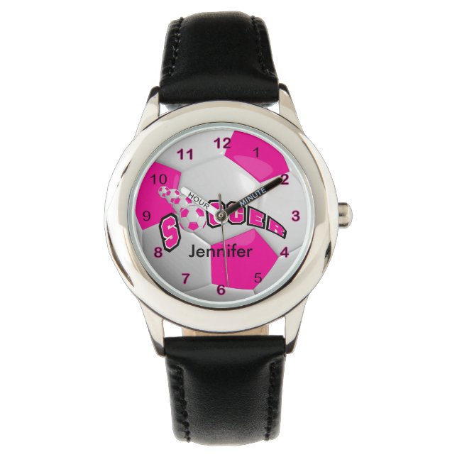Hot Pink Sporty Soccer Ball Armbanduhr (Vorderseite)