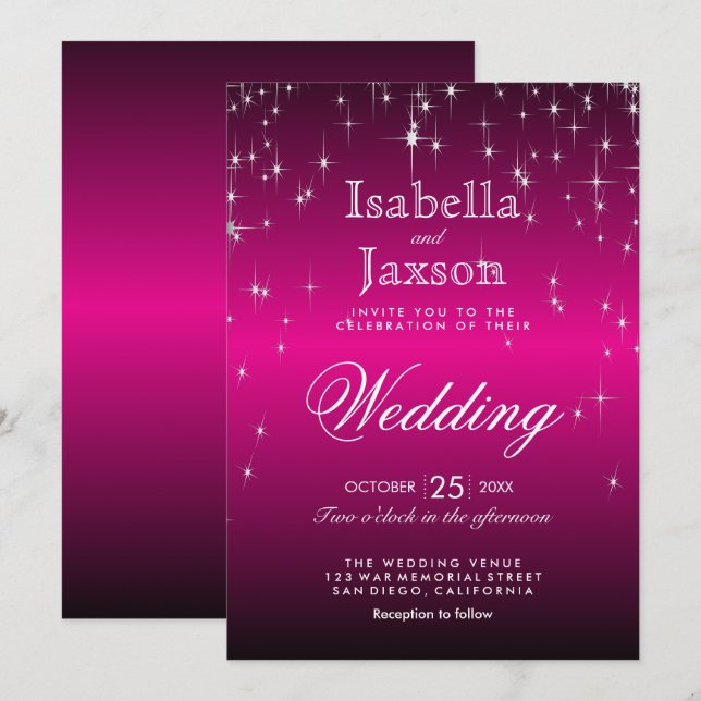 Hot Pink Star Lights Hochzeitseinladung Einladung (Vorne/Hinten)