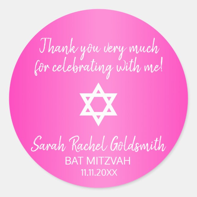 Hot Pink Star von David Bat Mitzvah Siegel Runder Aufkleber (Vorderseite)