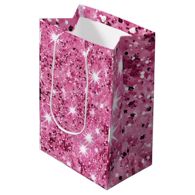 Hot Pink Stars Sequel Glitzer Mittlere Geschenktüte (Vorderseite Schrägansicht)