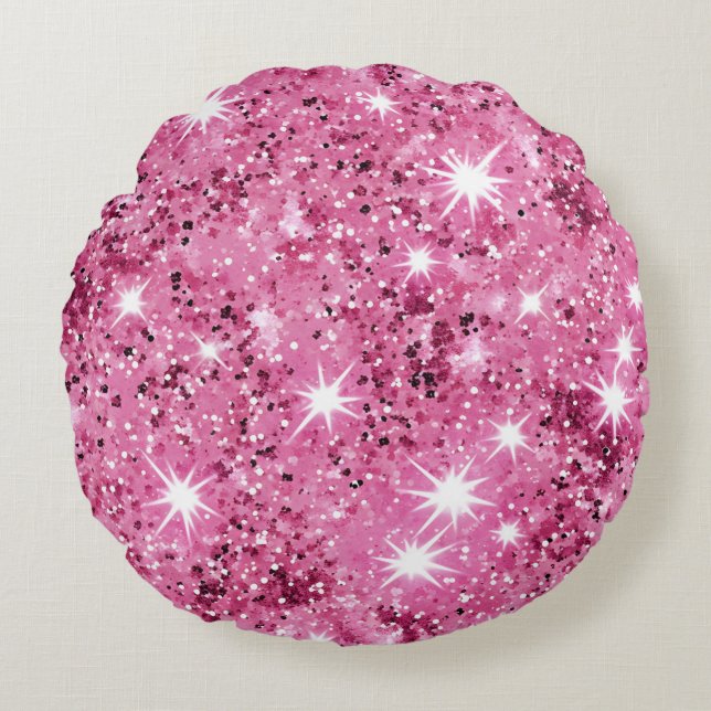 Hot Pink Stars Sequel Glitzer Rundes Kissen (Vorderseite)