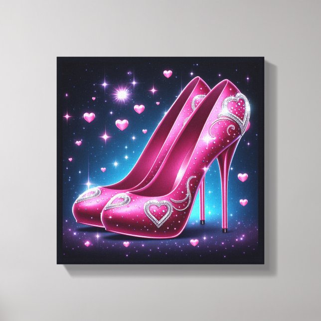 Hot Pink Stilettos mit Diamanten und Herz Leinwanddruck (Vorderseite)