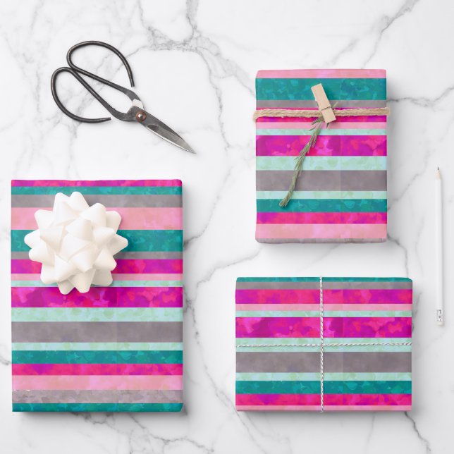 Hot Pink Strip Geschenkwrap Geschenkpapier Set (Vorderseite)