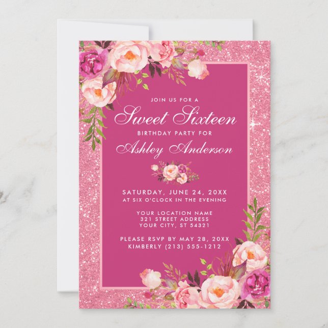 Hot Pink Sweet 16 Birthday Floral Glitzer Einladung (Vorderseite)
