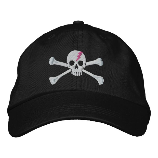 Hot Pink Thunderbolzen Crossbones Skull Stickerei Bestickte Kappe (Vorderseite)
