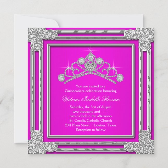 Hot Pink Tiara Sweet 15 Quinceanera Einladung (Vorderseite)