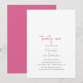 Hot Pink Trendy Moderne Minimalistisch 21. Geburts Einladung