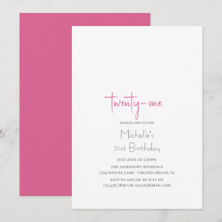 Hot Pink Trendy Moderne Minimalistisch 21. Geburts Einladung