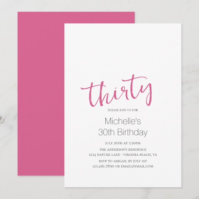 Hot Pink Trendy Moderne Minimalistisch 30. Geburts Einladung (Vorne/Hinten)