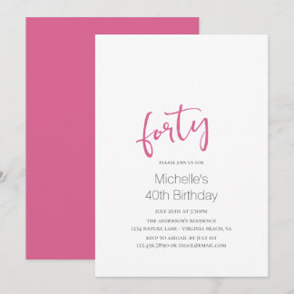Hot Pink Trendy Moderne Minimalistisch 40. Geburts Einladung
