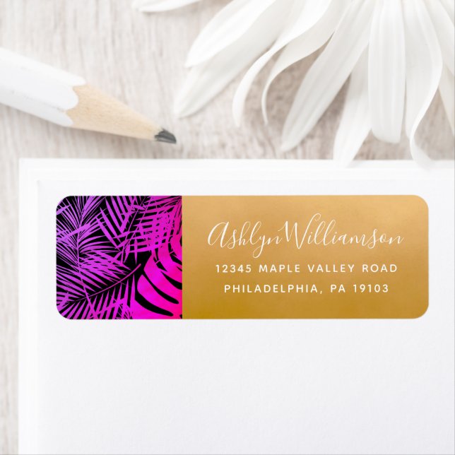 Hot pink tropical palm leaf script gold address (Insitu)