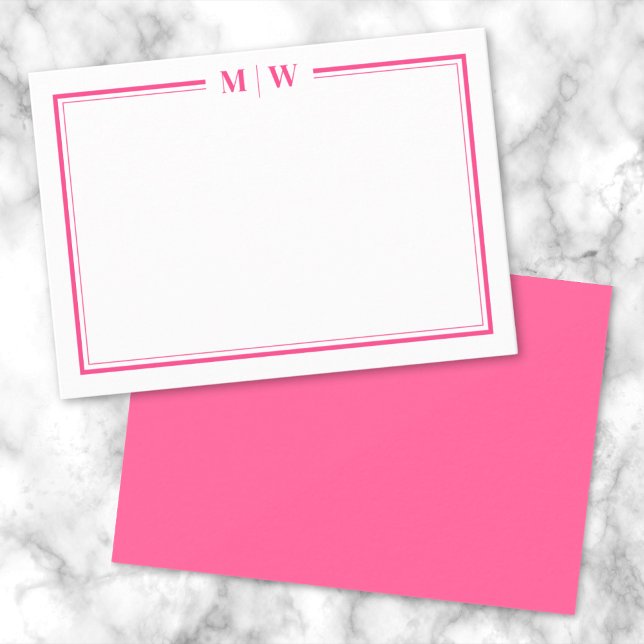 Hot Pink Two Border Name Monogram Mitteilungskarte (Hot Pink Two Border Name Monogram Note Card)