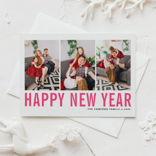 Hot Pink Typografie Foto Collage Happy New Year Feiertagspostkarte