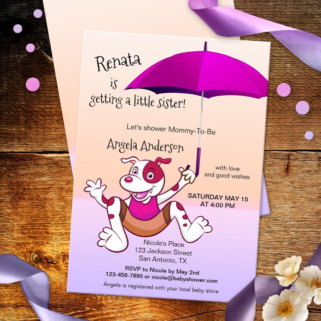 Hot Pink Umbrella Funny Dog Baby Dusche Einladung (funny baby shower invitation featuring a happily jumping dog with fuchsia hot pink umbrella )