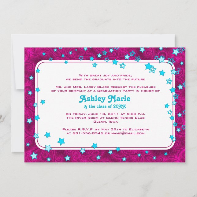 Hot Pink und Aqua Blue Stars Abschluss Einladung (Vorderseite)