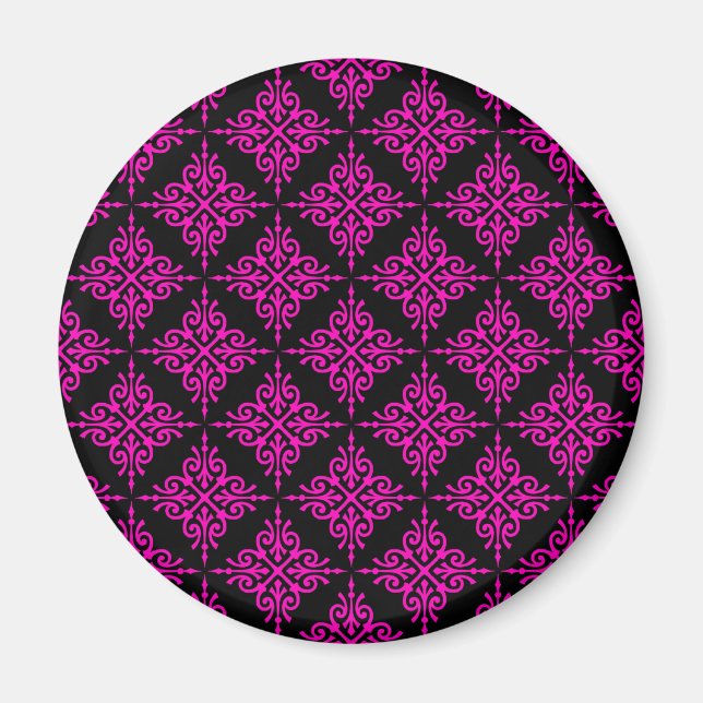 Hot Pink und Black Damask Muster Magnet (Vorne)