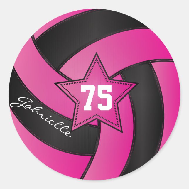 Hot Pink und Black Volleyball | DIY Text Runder Aufkleber (Vorderseite)