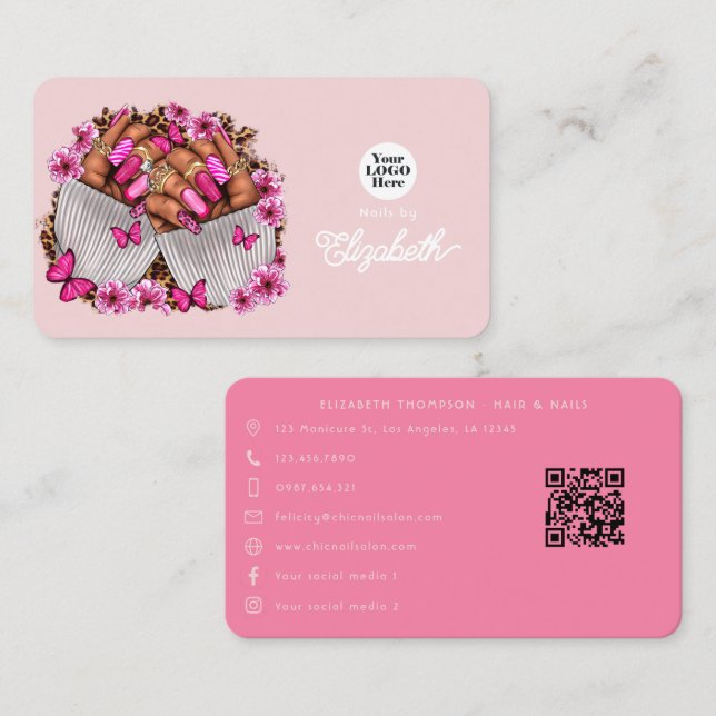 Hot-Pink und Blush African American Nail Salon Visitenkarte (Vorne/Hinten)