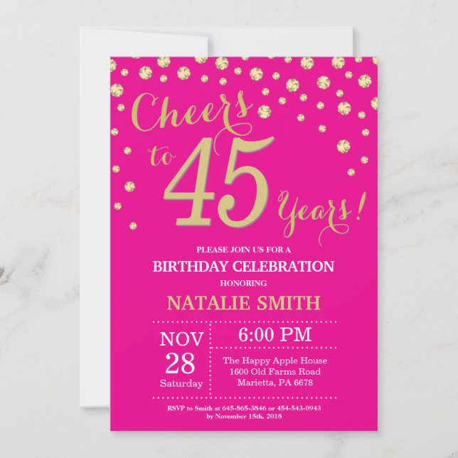 Hot Pink und Gold 45. Geburtstag Diamant Einladung (Vorderseite)