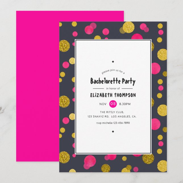 Hot-Pink und Gold Confetti Junggeselinnen-Abschied Einladung (Vorne/Hinten)