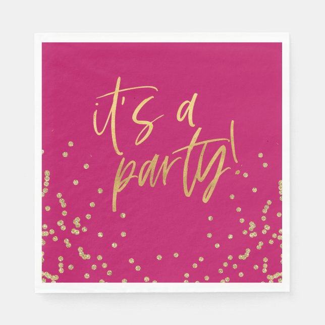 Hot Pink und Gold Confetti Party Serviette (Vorderseite)