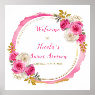 Hot Pink und Gold Elegante Blume 16 . Geburtstag Poster