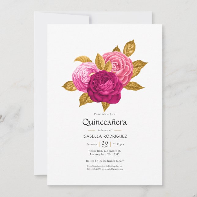 Hot-Pink und Gold Floral Quinceñera Foto Einladung (Vorderseite)