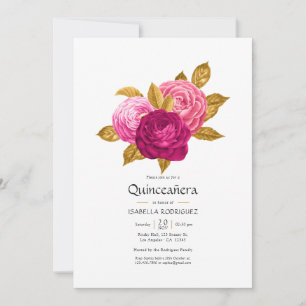 Hot-Pink und Gold Floral Quinceñera Foto Einladung